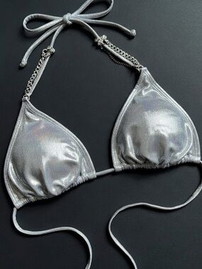 Rare Y2K Xhileration Chain Accent Triangle Bikini Top Black/Silver Halter Ties